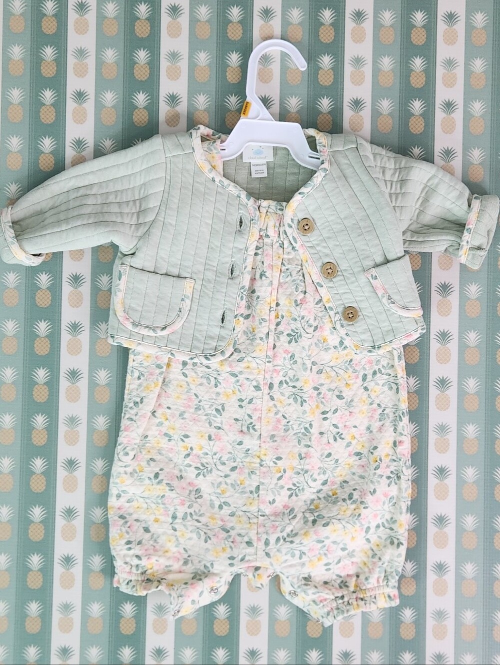 Cloud Island Quilted Mint Jacket & Floral Romper Set